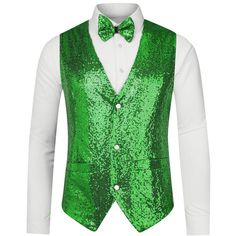 Sleeveless V-neck, and full sequin design, make you eye-catching in the crowd. The classic single-breasted party suit vest and slim tailoring perfectly show your charm. This sequined vest matches a bow tie, trousers, a shirt, and a blazer to create a bright and handsome appearance. Suitable for multiple occasions, nightclubs, performance costumes, birthday parties, hip-hop, music festivals, Christmas, role-playing, etc. Sleeveless Suit, Suit Waistcoat, Party Suits, Sequin Design, Suit Vest, Music Festivals, Role Playing, Night Club, Music Festival