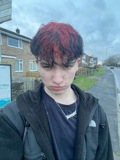 Lowk giving billie eilish hair but shes my queen so pop off 😝 Insta and tiktok: HL_is_harley Curly Hair Dye Ideas Men, Red Hair Boy Aesthetic, Boys Hair Dye Ideas, Men’s Dyed Hair Ideas, Male Hair Dye Ideas, Billie Eilish Hair Color, Red Hair Black Tips, Short Dyed Hair Men, Billie Eilish Red Hair