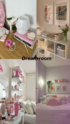 three pictures of different rooms with pink and white decor