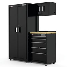 a black cabinet with two drawers and a tool box on top of it, in front of a white background