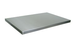 a stainless steel shelf is shown against a white background