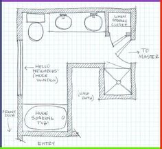 a drawing of a bathroom with toilet, sink and bathtub in the middle of it