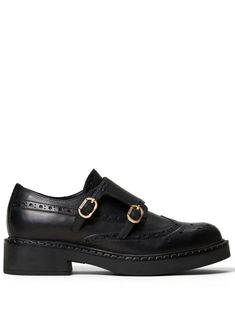 black calf leather smooth grain double buckle fastening low block heel perforated detailing double-strap design almond toe branded leather insole rubber sole Gucci Hat, Leather Oxford Shoes, Sneaker Wedge, Strap Design, Leather Accessories, Manolo Blahnik, High Heel Shoes, Flat Shoes Women, Calf Leather