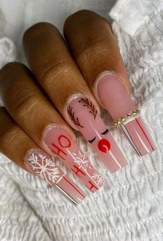 Matching Christmas Nails, Christmas Baddie Nails, Long Winter Nails, Christmas Theme Nails, Christmas Nail Sets, Christmas Acrylic Nail Designs, Christmas Themed Nails, Christmas Nail Designs Acrylic, Christmas Present Nails