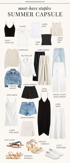 Simplify your summer style with our neutral capsule wardrobe essentials! Learn how to mix and match classic pieces for endless outfit possibilities that are perfect for any occasion, from casual weekends to dressed-up evenings. Minimalist Outfit Ideas Summer, Must Have Summer Clothes, Style Change Ideas Clothes, Maine Summer Outfit Ideas, Minimal Summer Wardrobe, Style Basics Women, Summer Staples 2024, Shoes To Have In Your Wardrobe, Minimalist Must Haves