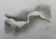 a pencil drawing of mountains in the fog