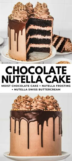 chocolate nutella cake on a plate with the title above it