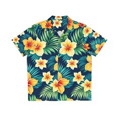 Nothing says "I love summer" like a Hawaiian shirt, and now, you can make this iconic garment even better by adding your own art to it. Made to have a boxy fit and a notch lapel collar that are perfect for any laidback scenario, these shirts come with a handy chest pocket and a 95% polyester and 5% spandex fabric for silky comfort. Choose between black or white buttons & customize it to taste.  .: Material: 95% polyester, 5% spandex .: Medium fabric (7.23 oz/yd²(245 g/m .: Boxy fit .: Chest pocket .: Black or white button options .: Sewn-in label Yellow Printed Short Sleeve Hawaiian Shirt, Hawaiian Cotton Shirt With Sublimation Print, Multicolor Hawaiian Printed T-shirt, Multicolor Hibiscus Print Camp Shirt With Short Sleeves, Multicolor Hibiscus Print Short Sleeve Camp Shirt, Multicolor Hibiscus Print Camp Shirt, Yellow Hawaiian Shirt With Graphic Print, Tropical Hawaiian Shirt With Sublimation Print, Cotton Hawaiian Camp Shirt With Sublimation Print