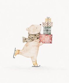 a watercolor drawing of a bear carrying presents on his back with one leg in the air