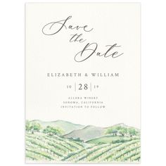 save the date card with watercolor vineyards and mountains in black ink on white paper