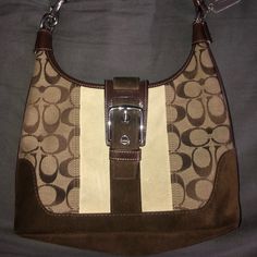 Coach Shoulder Bag, In Great Condition. Brown Coach Shoulder Bag With Double Handle, Brown Coach Shoulder Bag With Leather Trim, Brown Coach Shoulder Bag With Branded Hardware, Brown/black Coach Bag, Coach Brown Shoulder Bag With Silver-tone Hardware, Pocket Handbag, Suede Purse, Vintage Coach Bags, Coach Shoulder Bag