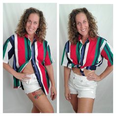 "Oxford shirt Vintage 1990s made by Alan Stuart striped white, red, green and blue button down one pocket cotton SIZE TAG READS LARGE chest 46\" shoulder 20\" length approx 29\" GOOD VINTAGE CONDITION minor wear some discoloration on inside white stripe...shown in pic THIS IS A FUN AND CLASSIC 90S SHIRT!" Striped Collared Preppy Shirt, Preppy Striped Collared Shirt, Preppy Striped Summer Tops, Pinup Bathing Suit, Vintage Maternity, Black And White Swimsuit, 90s Shirts, Vintage Swimsuits, White Swimsuit