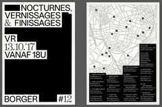 two black and white brochures with the words noctunes, vernissaes & finsages