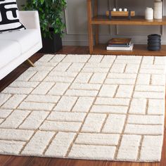 a living room with a white rug on the floor