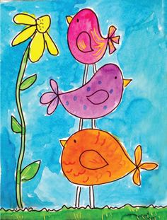 two birds sitting on top of each other in front of a blue sky and yellow flower