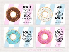 four donuts with different sayings on them are shown in the same card set