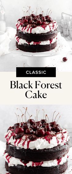 black forest cake with white frosting and cherries on top is shown in two different photos