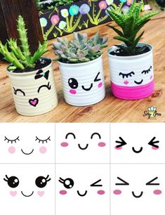 three potted plants with faces drawn on them and one has eyes painted on it