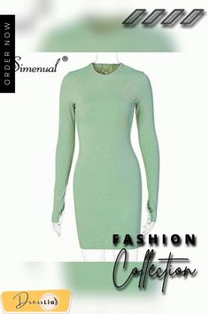 Simenual Long Sleeve Ribbed Bodycon Women Party Dresses Autumn Winter Fashion Skinny Solid Mini Dress O-neck Sexy Clubwear Ribbed V-neck Bodycon Dress For Party, V-neck Ribbed Bodycon Dress For Party, Spring Club Bodycon Sheath Dress, Summer Long Sleeve Ribbed Mini Dress, Spring Solid Color Bodycon Dress, Spring Stretch Mini Bandage Dress, Spring Mini Stretch Bandage Dress, Stretch Mini Length Solid Color Bodycon Dress, Long Sleeve Bodycon Bandage Dress For Summer