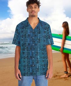 Nothing says "I love summer" like a Hawaiian shirt, and a retro print.  Made to have a boxy fit and a notch lapel collar that are perfect for any laidback scenario, these shirts come with a handy chest pocket and a 95% polyester and 5% spandex fabric for silky comfort. Choose between black or white buttons & customize it to taste. \n.: Material: 95% polyester, 5% spandex\n.: Medium fabric (7.23 oz/yd²(245 g/mn.: Boxy fit\n.: Chest pocket\n.: Black or white button options Retro Short Sleeve Shirt For Beach Season, Casual Vacation Shirt With Retro Print, Blue Camp Shirt With Graphic Print, Relaxed Fit, Blue Relaxed Fit Camp Shirt With All Over Print, Blue Relaxed Fit Camp Shirt With Print, Blue Retro Hawaiian Shirt With Graphic Print, Retro Blue Camp Shirt With Graphic Print, Retro Graphic Print Hawaiian Shirt For Beach, Retro Hawaiian Shirt With Graphic Print For Beach