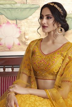 Yellow Lehenga Choli - Desi Royale Simple Lehenga Choli, Yellow Lehenga Choli, डिजाइनर कपड़े, Simple Lehenga, Indian Lehenga Choli, Yellow Lehenga, Net Blouses, Choli Designs, Net Lehenga