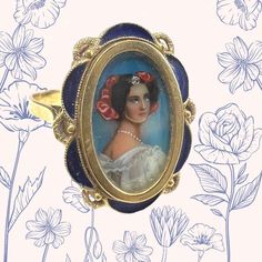 "This handpainted Victorian Minature Portrait Ring from the 1800s has a lovely woman with a white dress and what appears to be red flowers in her hair. In the center of her forehead is an actual tiny diamond. Pearls are painted around her neck. The painting is set into a scalloped frame with blue enamel which is just the right accent for the artwork.  18 karat yellow gold Stamped \"750\" Size 8 1/4 - can be sized  Measurements: 7/8\" x 5/8\"  Weight: 3.2 Dwt. (4.9 Grams)" Victorian Enamel Wedding Ring, Elegant Hand Painted Enamel Ring, Victorian Gold Enamel Ring For Wedding, Victorian Enamel Ring With Rose Cut Diamonds For Wedding, Heirloom Style Formal Enamel Ring, Victorian Enamel Jewelry For Wedding, Victorian Enamel Wedding Jewelry, Vintage Wedding Enamel Ring, Scalloped Frame