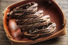 "Handmade, hand-braided leather bracelet. Great piece of men jewelry! Super comfortable & easy to wear. Great, meaningful gift idea for Father's Day ----- PERSONALIZATION: ------- Family name, special date, initials, coordinates (basically anything you want) can be engraved on the outside of the bracelet. If you want your date to be in Roman Numerals please mention that in the note to seller and provide the date in Roman numerals. ★Notice One line max 12 letters How to order MATCHING BRACELE Personalized Gifts For Him, New Dad Gift, Personalized Leather Bracelet, Personalized Gifts For Men, Personalised Gifts For Him, Braided Leather Bracelet, Gifts For New Dads, Mens Leather Bracelet, Men Jewelry