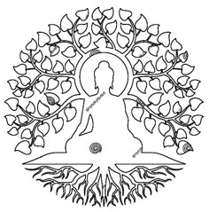 the silhouette of a person sitting in front of a tree with leaves and flowers around it