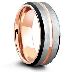 a rose gold and black wedding ring with two tone inlays on the inside