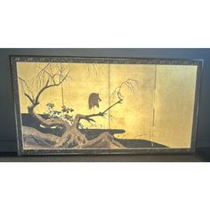 Painting, four-panel folding screen. Birds and flowers of late winter, early spring: lone white egret on willow tree branch in snow; camellia blooms and buds gold background  Colours and gold on paper Brocade border Wood frame with brass metal hardware  Attributed to the Manner of: Watanabe Shiko 渡辺始興 of the Rinpa School  Dimensions:  Height: 27 inch. Width: 53 inch  comments The early Kano school took as its model the great Chinese landscape painters of the Song. Increasingly, however, the highly modulated ink outlines of this tradition were combined with gold leaf and the spectacularly decorative colouring of the native Yamato-e school, with its seasonal motifs. The contrived compositions here of the willow tree bending towards the centre is influenced by famous examples painted in Kyoto Castle Moat, Cherry Blossom Wall Art, Cherry Blossom Painting, Peacock Wall Art, Japanese Castle, Horizontal Wall Art, Asian Home Decor, Peacocks, Frame Decor