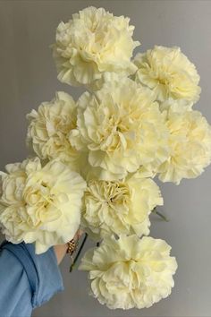 a bunch of flowers that are in a vase on a table with someone's hand