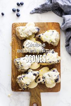 blueberry scones on a cutting board with the title above it