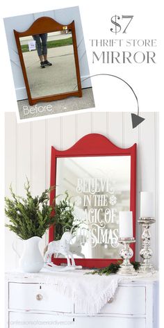 an old dresser has been transformed into a christmas mantel and mirror for the holidays