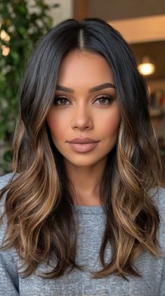 Style Your Look with Dark Brown Hair With Highlights Long Bob Lob Haircuts with Balayage 💄 Hair Highlights On Black Hair, Brown Hair With Highlights Long, Highlights Long Bob, Partial Balayage Brunettes, Haircuts With Balayage, Haircuts Balayage, Wavy Lob Haircut, Lob Haircut Layered, Black Balayage