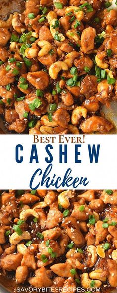 the best ever cashew chicken recipe in a skillet with text overlay that reads, best ever cashew chicken