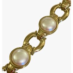 Chic gold plated link bracelets with faux pearl detail. Adjustable and fits most wrists. Circa 1980s. Gold Link Bracelet, Gold Link, Link Bracelets, Faux Pearl, Givenchy, Gold Plate, Plating, Bracelet, Gold