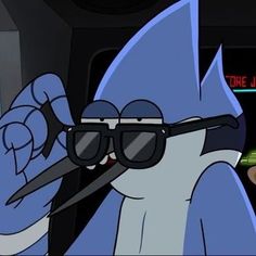 a cartoon character wearing sunglasses and pointing to the screen with his finger in front of him