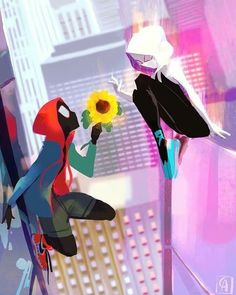 spider - man and deadpool are in the city, one is holding a sunflower