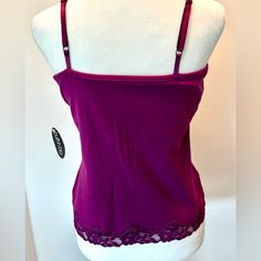 Pretty Fushia Cami With Built In Bra, Size M (Nwt) Elegant Purple Camisole Top, Purple Spaghetti Strap Top With Built-in Bra, Purple Spaghetti Straps Top With Built-in Bra, Purple Camisole Top With Built-in Bra, Fitted Purple Top With Lace Trim, Purple Stretch Camisole, Stretchy Purple Camisole, Stretch Purple Camisole, White Polka Dot Top