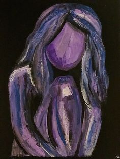 a painting of a woman's torso with her hands on her chest, in purple and blue tones