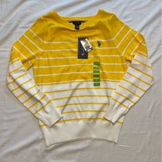 U.S. Polo Assn. Size L Yellow And White New With Tags See Photos Above Yellow Fitted Casual Sweater, Fitted Yellow Casual Sweater, Yellow Cotton Summer Sweater, Vintage American Flag, Slouchy Sweater, Cowl Neck Sweatshirt, Sleeveless Turtleneck, High Neck Sweater, Knit Turtleneck Sweater