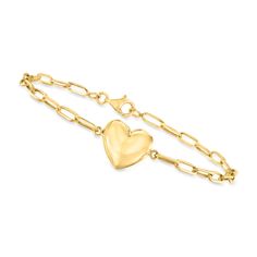 Ross-Simons - 10kt Yellow Gold Heart Paper Clip Link Bracelet. 8". Canaria fine jewelry. Perfect for everyday wear, these genuine 10kt gold wardrobe essentials are fashionable, fun and designed to last a lifetime. Strong and durable, our collection of gold classics is always a great value. Jump into the paper clip craze with this handcrafted 10kt yellow gold bracelet. Features sleek paper clip links centered by a timeless heart charm. Lobster clasp, 10kt yellow gold heart paper clip link bracele Everyday Yellow Gold Heart Charm Bracelet, 14k Gold Bracelet For Everyday Valentine's Day, 14k Gold Bracelet For Everyday And Valentine's Day, Classic 14k Gold Bracelets For Valentine's Day, Classic 14k Gold Bracelet For Valentine's Day, Classic Yellow Gold Bracelets For Valentine's Day, Yellow Gold Heart Bracelet For Mother's Day, 14k Yellow Gold Bracelet For Valentine's Day, Valentine's Day 14k Yellow Gold Bracelet