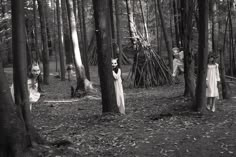 some people in costumes are walking through the woods