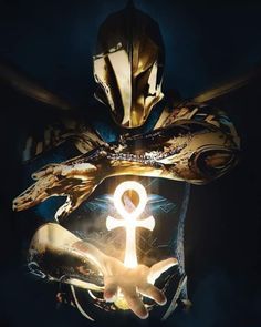 an image of a person in armor holding up a glowing sign with the letter i on it