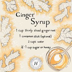 the ingredients for ginger syrup are shown in this hand - drawn illustration, including cinnamon sticks and