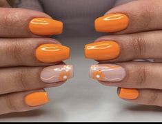 Orange Biab Nail Designs, Yellow Nails With Flowers, Nails In Orange, Orange Flower Nails, Nail Colors Orange, Uñas Color Coral, Summer Nails Orange, Bright Orange Nails