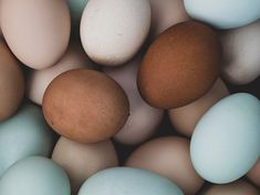 several eggs are shown in a pile together, with one brown and one blue egg on the top