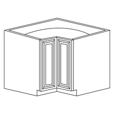 a line drawing of a corner cabinet with doors open to show the interior space inside