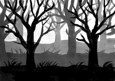 black and white painting of trees in the woods with birds perched on top of them