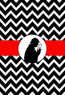 a black and white chevron pattern with a red stripe around the edge that has a silhouette of a man holding a magnifying glass in his right hand